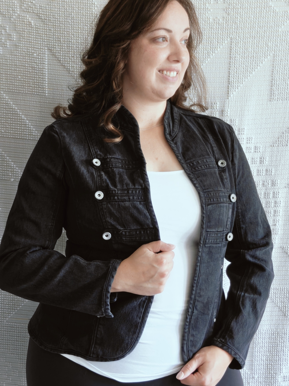 Live A Little Black Denim Military Cardigan Jacket | Petal Hem | Size Large